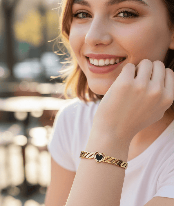 Gold-Tone Heart Bangle β Black Enamel Bracelet β product view 1